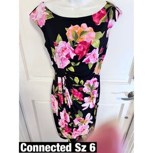 Connected Apparel Black and Pink Floral Midi Dress wrap bottom